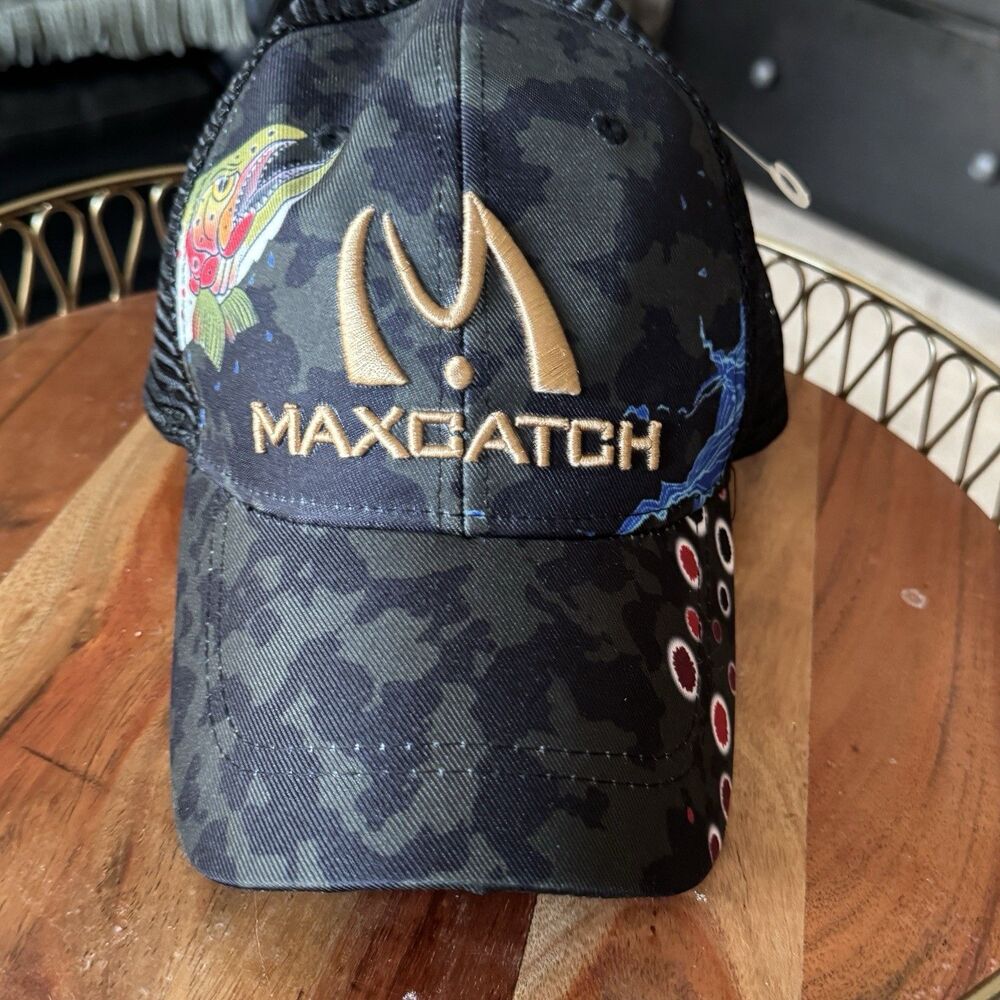 Max Catch Fishing Men's Trucker Snapback Hat Black Mesh Back, One Size